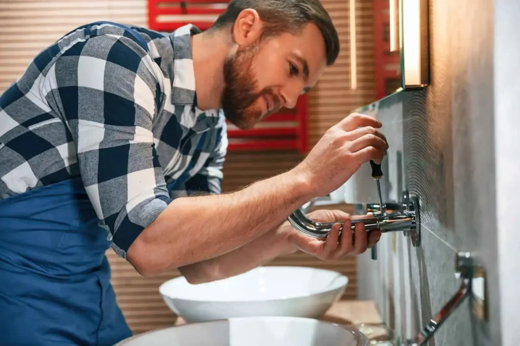 Plumber in blue uniform working in the bathroom