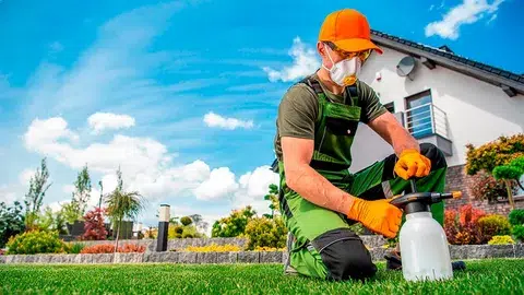 Gardener with One Handed Pump Pesticide Sprayer.