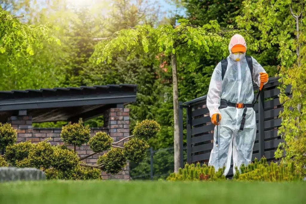 Gardener Working in Protection Suite Spraying Plants in a lawn