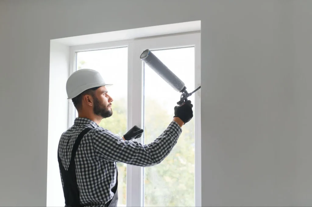 Handyman caulking window gaps on a wall
