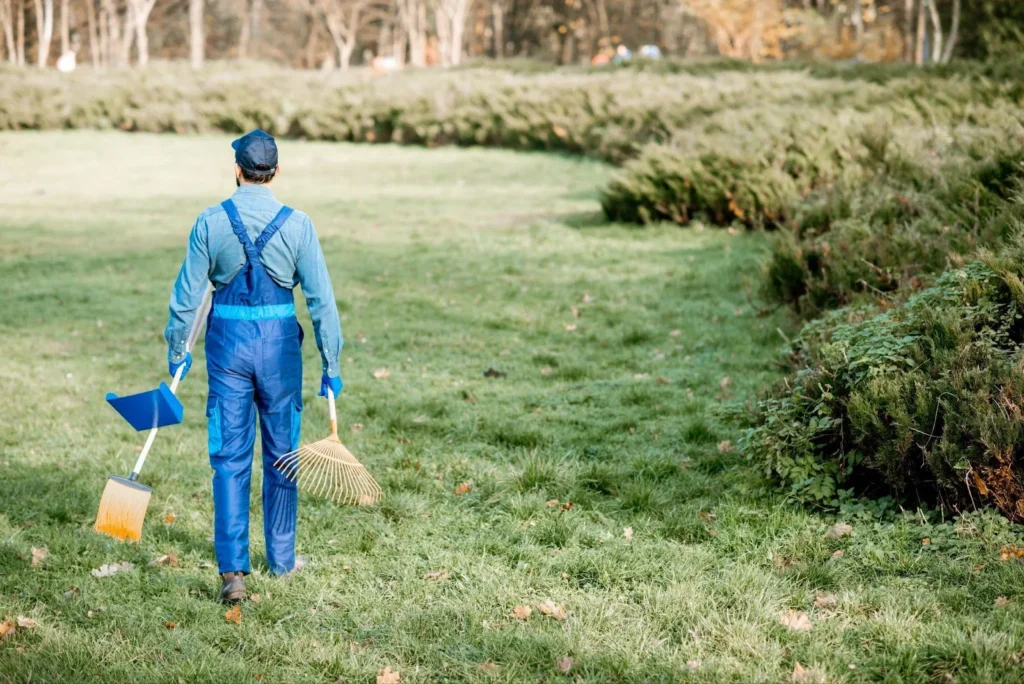 Gardener with cleaning tools in the garden 